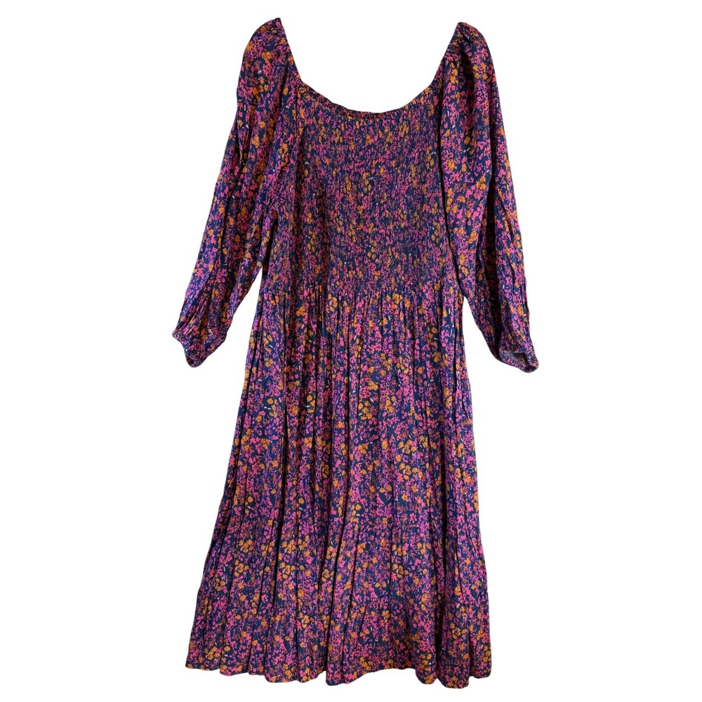 Terra & Sky Womens 2X Plus Navy Pink Floral Smocked Tiered Rayon Midi Dress